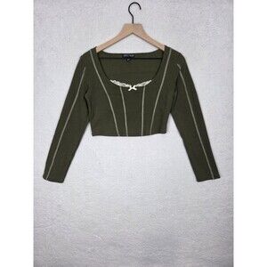 Current Mood Crop Top Juniors XL Green Lace Bow Long Sleeve Y2K Fairy‎ Grunge